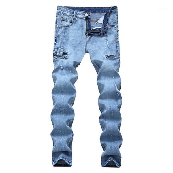 

men ripped jeans pants slim fit straight distressed denim retro trousers light blue multi zipper plus size pants1