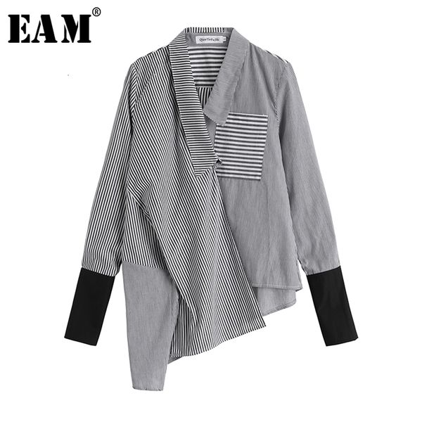 

[eam] women black striped asymmetrical split joint blouse new lapel long sleeve loose fit shirt fashion spring autumn lj200810, White