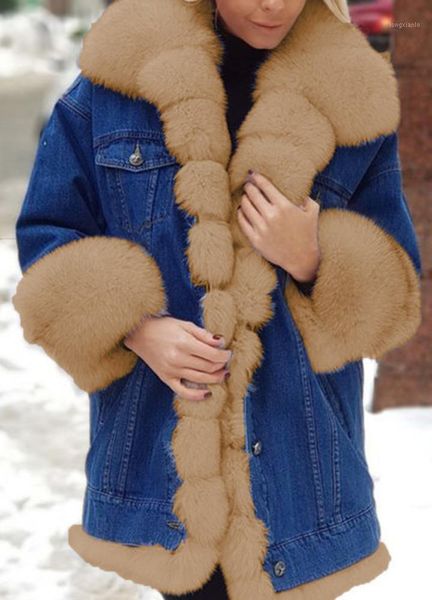 

long sleeve fur integrated denim long sleeve coat1, Black;brown