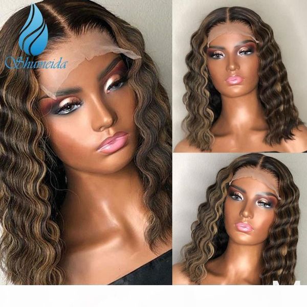 

highlight curly color lace front wigs with baby hair middle ratio brazilian remy hair bleached knots pre plucked for women, Black;brown