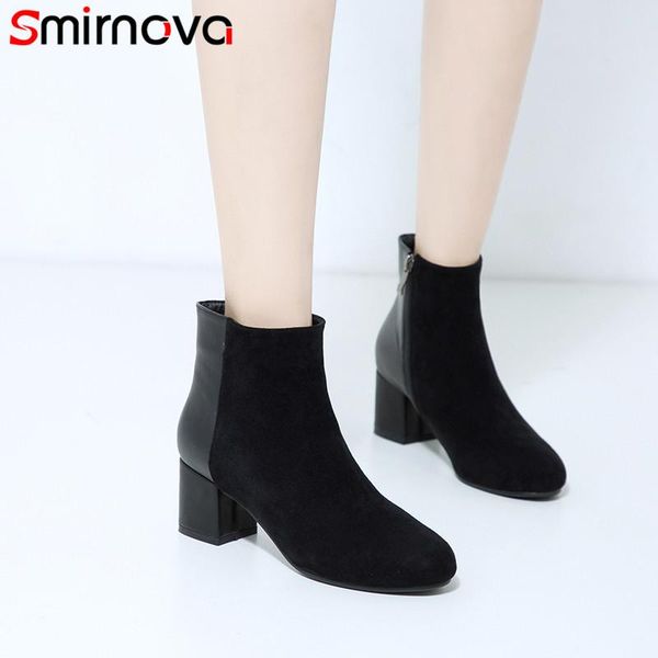 

boots smirnova 2021 ankle for women round toe zip flock square heels ladies autumn winter solid colors womens, Black