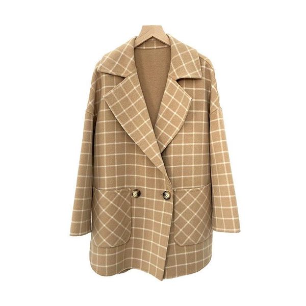 

women's wool & blends plaid cashmere coat short 2021 fashion double-breasted autumn and winter high-end double-faced woolen womenc008, Black