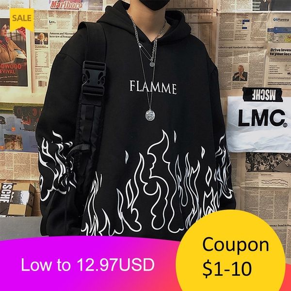 

flame print men hoodies winter thick hooded hoodies mens harajuku letter gothic pullovers casual couple sweatshirt 201103, Black