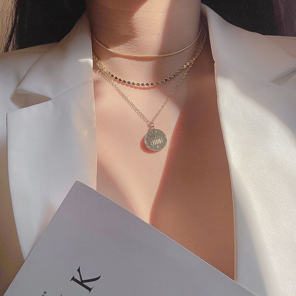 

fashion simple trend european and american multi-layer metal beauty head portrait necklace elegant slim girl necklace clavicle chain fashion, Golden;silver
