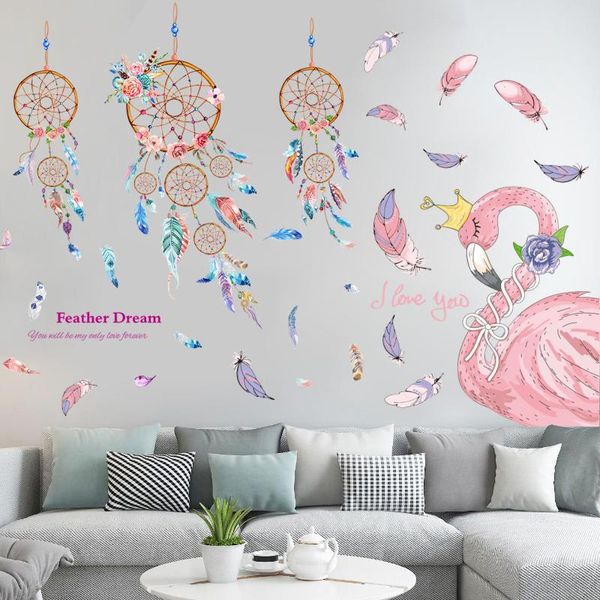 

wall stickers [shijuekongjian] dreamcatcher feathers sticker diy flamingo animal mural decals for house kids room baby bedroomdecoration