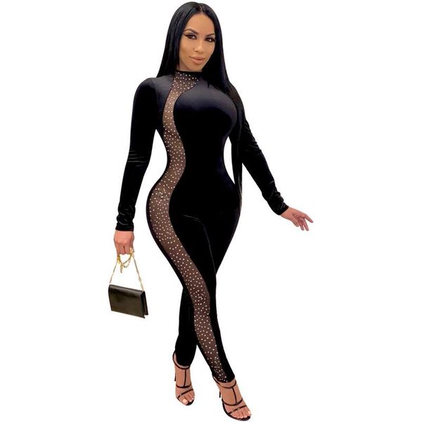 

stylish lady glitter velvet crystal rompers and jumpsuits 2021 autumn women long sleeve turtleneck mesh club party overalls, Black;white
