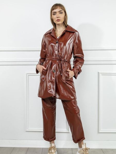 

2021 women trench coat windbreak outwear wrinkled autumn winter leather jacket1, Tan;black