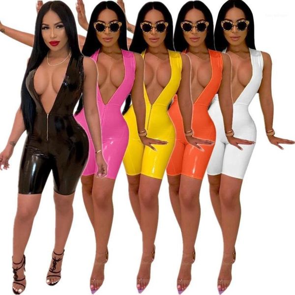 

women's jumpsuits & rompers women party pu red stretch v neck sleeveless tight bodycon playsuits womens nightclub clothes f8001, Black;white