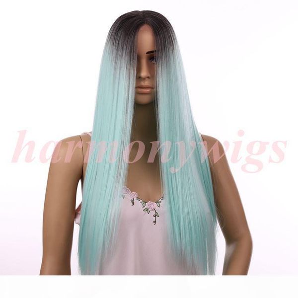 

hair wigs lace front wigs ombre chocolate black& mint green 20inch straight long hair for women