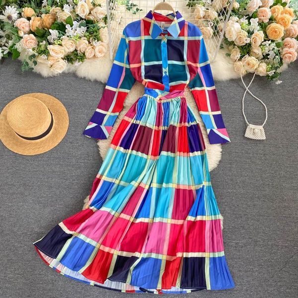 

plaid pleated maxi dress women 2020 autumn long sleeve korean fashion long robe vintage elegant streetwear a-line runway dress1, Black;gray