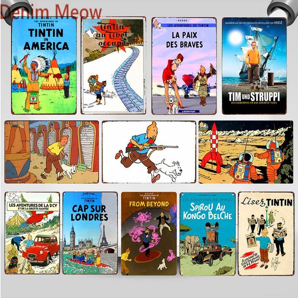

2021 fashion the adventures of tintin and dog vintage metal signs french cartoon movie rocket poster club bar cafe kids art craft