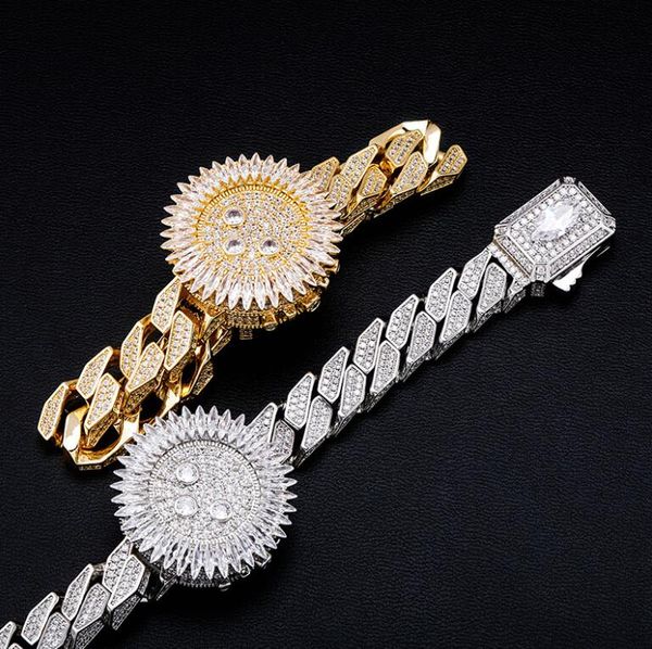 

hip hop watch style spring buckle miami cuba chain full of zircon hip-hop punk personalized bracelet, Black