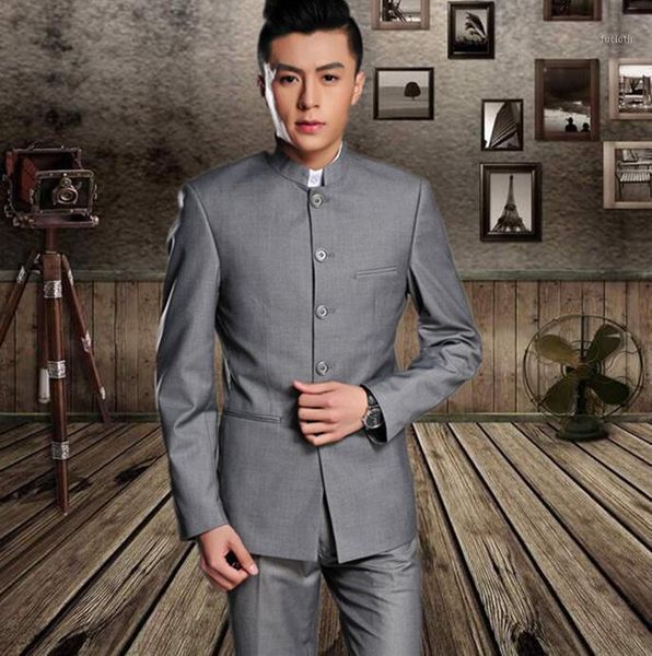 

stage clothing for men chinese tunic suit fashion black grey suits set with pants mens wedding suits formal dress stand collar1, White;black