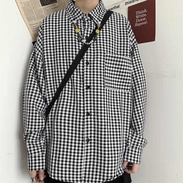 

2021 autumn women commuter vintage black white plaid loose long sleeve blouse harajuku checkerboard man shirt tune
