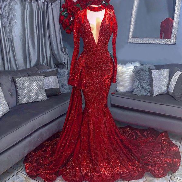 Вечернее платье с длинным рукавом русалка красный блестящий блесток длиной дол африканские черные девушки длинные платья выпускного вечера 2022 с поездом