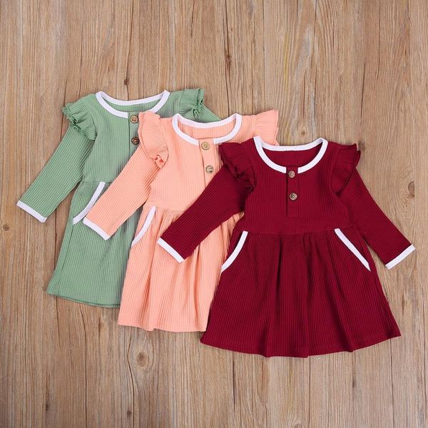 

baby girls long sleeve dresses solid round neck button lace shoulder with pockets child ruffled pleated flare midi dress 1-6y, Red;yellow