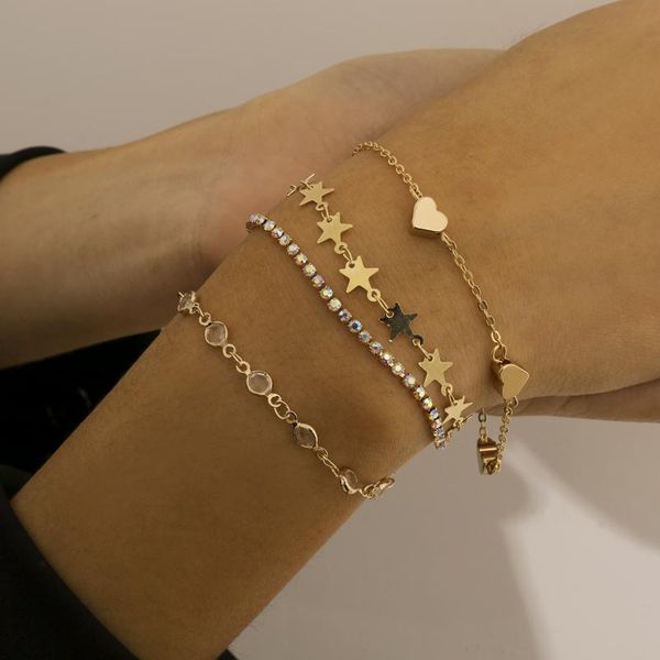 

charm bracelets shining rhinestone hand chain alloy stars heart for women gold color 2021 fashion jewelry simple 4 pcs/set, Golden;silver