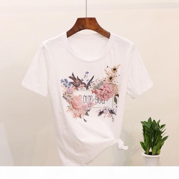 

summer fashion women t shirt bird flower embroidery lace pink white t-shirt female
