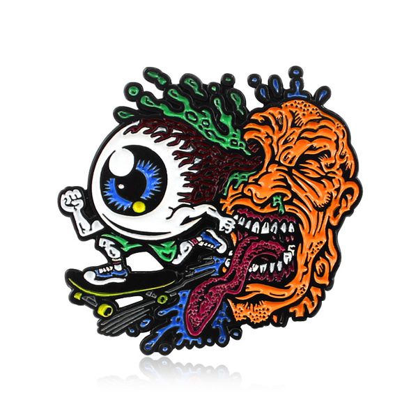 

european-american style creative halloween series badges long tongue weird freak riding skateboard personality brooch, Blue
