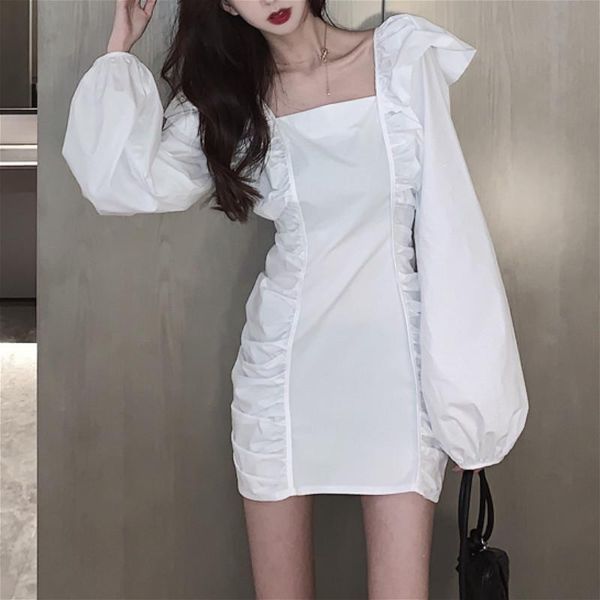 

french elegant mini dress women design square collar lantern long sleeve midi dress party vintage empire 2021 autumn, Black;gray