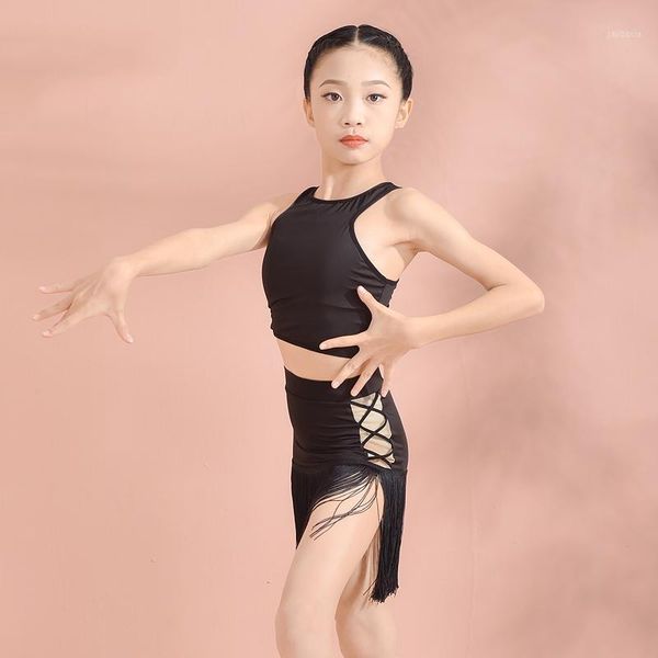 

latin dance clothes children's summer professional training suit sleeveless vest tassel short skirt set practice costume dwy42391, Black;red