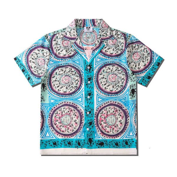 

wang yibo's same water blue print shirt: men's summer casual beach short sleeve shirt, White;black