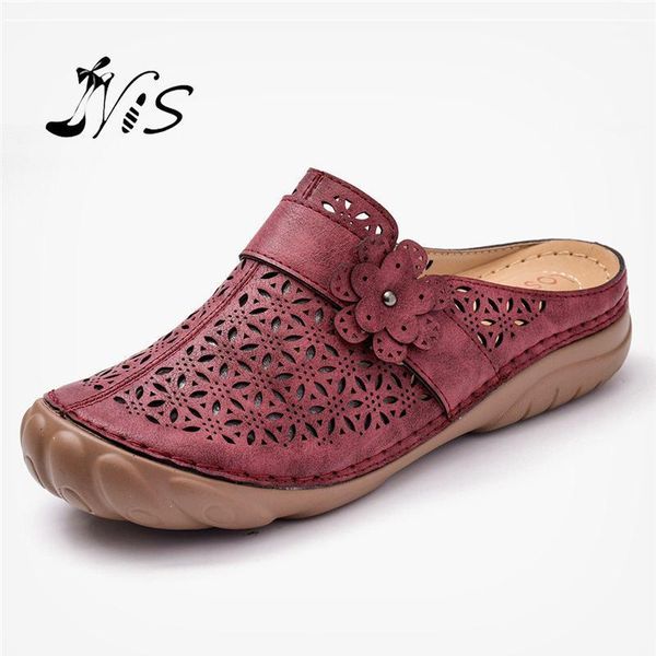 

nis women retro style shoes hollow out flower backless light flat outdoor casual beach holidays flat round toe sandals shoes1, Black