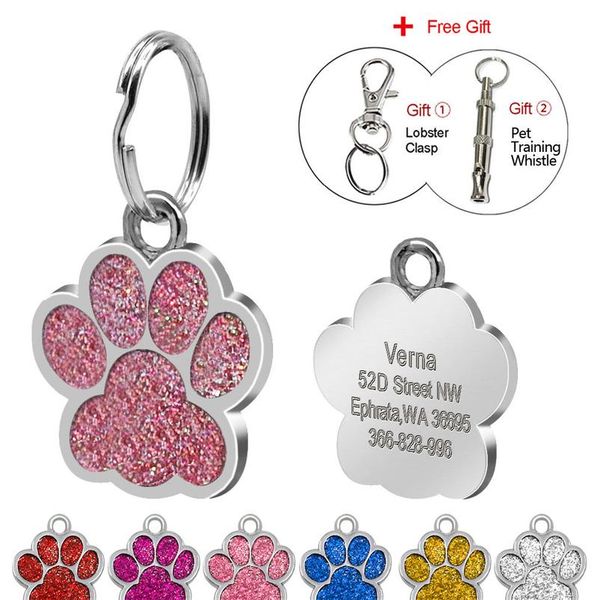 

glitter paw pet id tags customized engraved dog & cat paw tag personalized name phone nu wmtxhr
