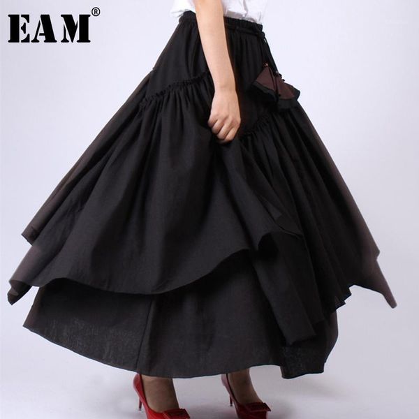 

eam] 2020 new spring summer high elastic waist black layer ruffles split joint half-body skirt women fashion tide jw7801