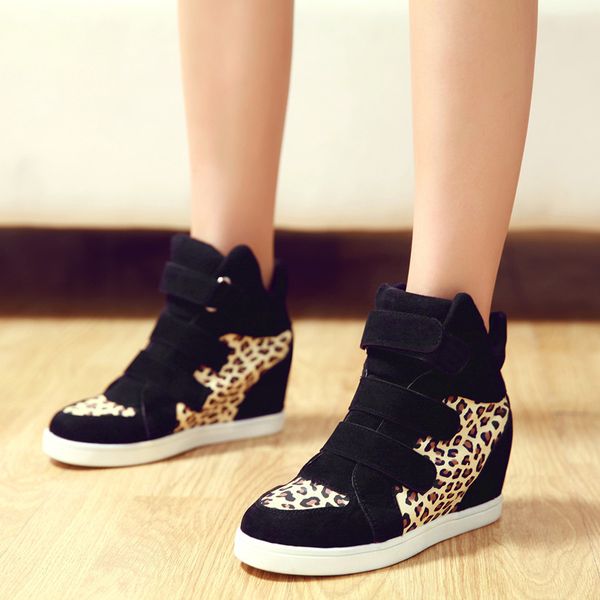 

cootelili brand autumn women casual shoes leopard suede ankle boots heels platform wedge height increasing sneakers women c1120, Black