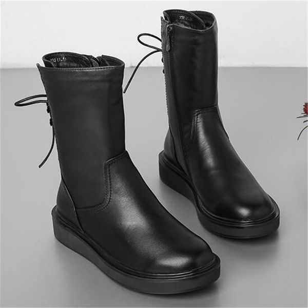 

new fashionable 2021 shoes leather fight women lace to mujer boots 35-40 vnhu, Black