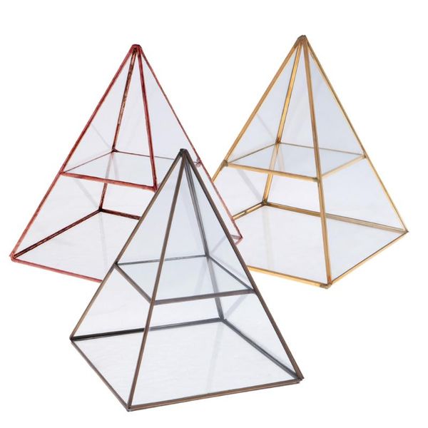 

2 tiers vintage style brass clear glass pyramid зеркальный shadow box jewelry витринного, Pink;blue