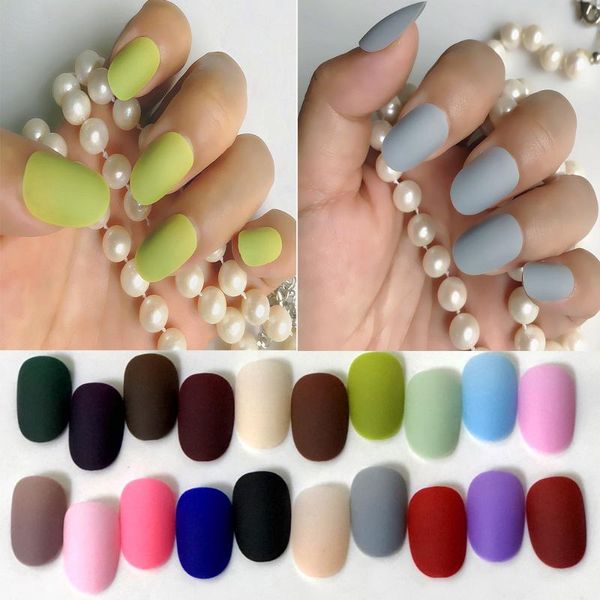 

24 pcs fashion short solid matte fake nails oval candy grey grass green artificial pressed false nail salon decoration complete, Red;gold