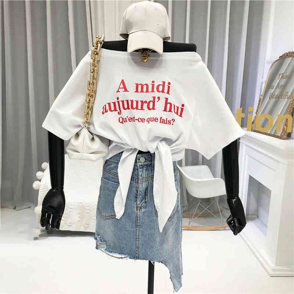 

Letter Print Off Shoulder Women T-shirt Korea Chic Summer Ladies Loose Slash Neck Short Sleeve Tie Tops, White