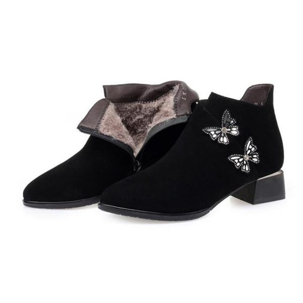 

boots elegant autumn matte cowhide leather thick heel soft comfort non-slip winter warm snow women, Black