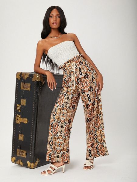 

allover print drawstring waist wide leg pants y9hr#, Black;white