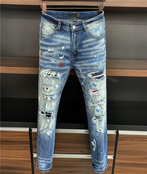 

new designer mens jeans style fashion slim-leg jeans fit spliced ripped jeans high street destroyed motorcycle biker size 28-36, Blue