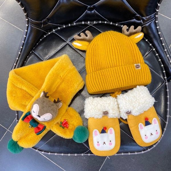 

childrens christmas gift box children christmas three-piece boys and girls winter warm hats + gloves + scarf kids presents sale, Red;brown