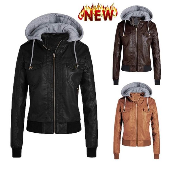 

women hoodies winter autumn motorcycle jacket gothic faux leather hoodies 2021 coat fleece jackets faux leather pu jacket, Black