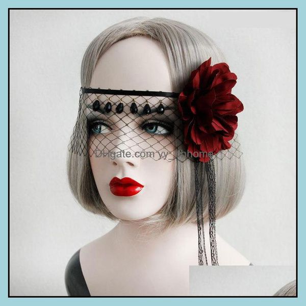 Gioielli per capelli da sposa Principessa Gothic Lolita Accessori Vintage Black Lace Red Rose Sexy Mysterious Mask Er Face Veil Headdress Party Drop D