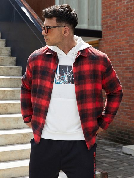 

extended sizes men plaid button front shirt v244#, White;black