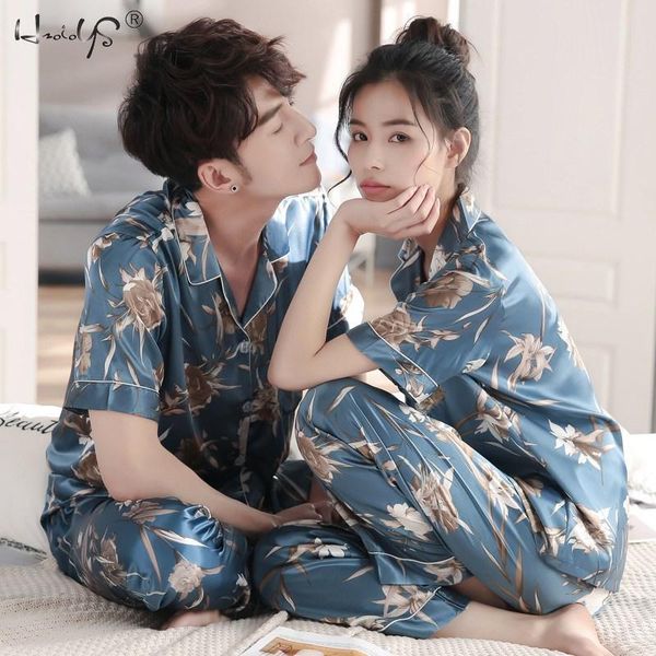 

couple pajamas set women mens silk satin pajama set couples long sleeve sleepwear homewear pj pyjamas plus size -3xl 201111, Black;brown