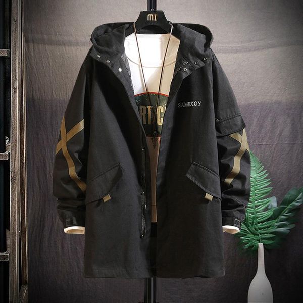 

new swallowtail mid-length hooded denim windbreaker jacket male fat plus fat plus size loose tooling coat 2020 spring autumn 78a, Tan;black