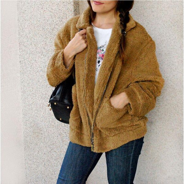 

loose plush jackets for women basic winter ovearcoat soft 2xl ladies coats zip up cardigans vintgae pockets vetement femme 2020, Black;brown