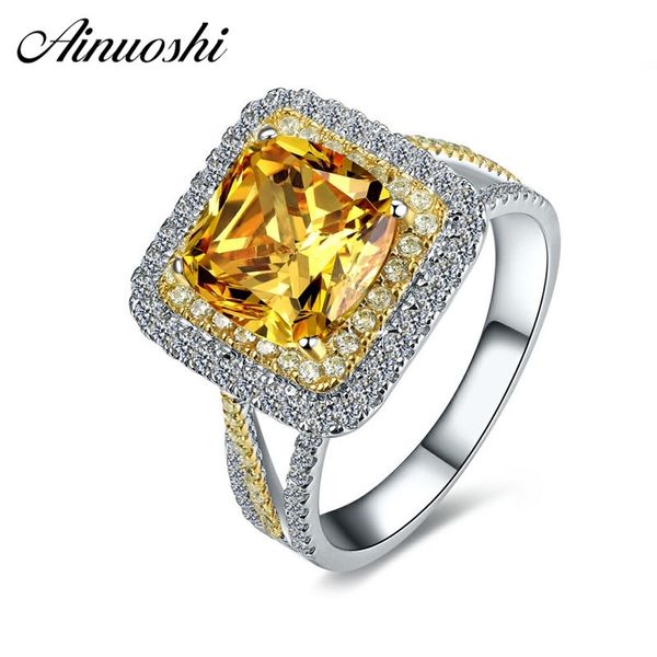 

ainuoshi 2.5 carat cushion cut yellow sona bridal halo rings 925 sterling silver princess wedding rings lover wedding jewelry y200106, Slivery;golden