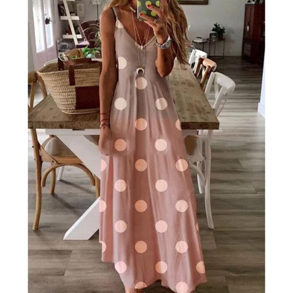 

summer women boho maxi dress tie dye dot print spaghetti strap sleeveless sun beach dresses robe female vestidos plus size, Black;gray