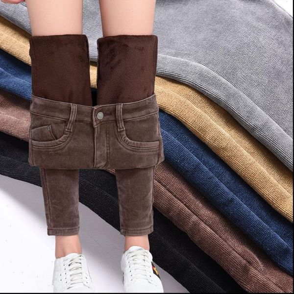 

plus size corduroy pants women thicken autumn winter pants warm plus velvet high waist pencil pants ladies long c5966, Black;white