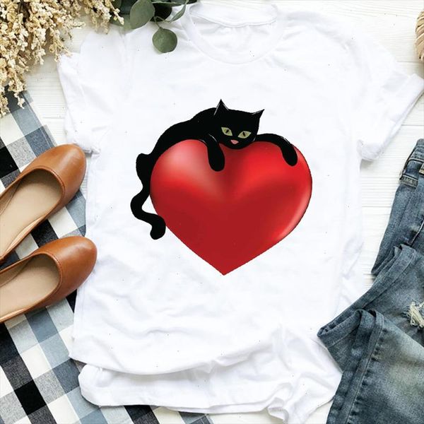 

women lady funny cat love heart valentine summer autumn print shirt t tee for womens clothes tshirt female graphic t shirt, White