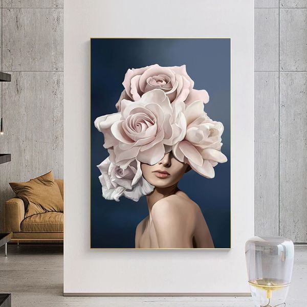 Moda moderna arte flor menina mulher imprime canvas pintura arte de parede para sala de estar decoração de casa entrada fotos sexy nu