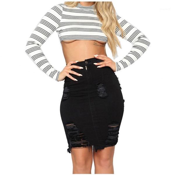 

ladies skirt patchwork denim skirt women high waist ripped denim distressed bodycon pencil mini jean ropa mujer 508#31, Black